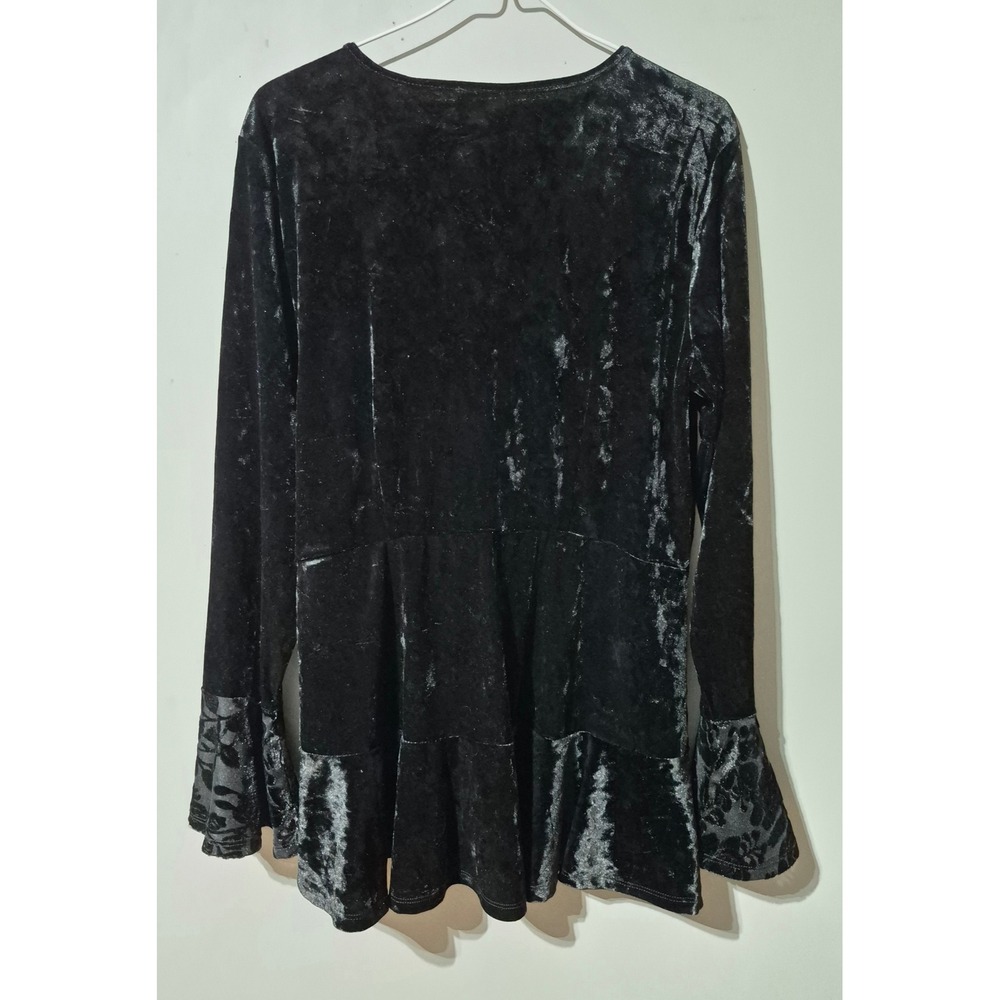 Splendid Black Crushed Velvet Wrap Top Floral Burnout Bell Sleeve Peplum Blouse - Picture 3 of 5